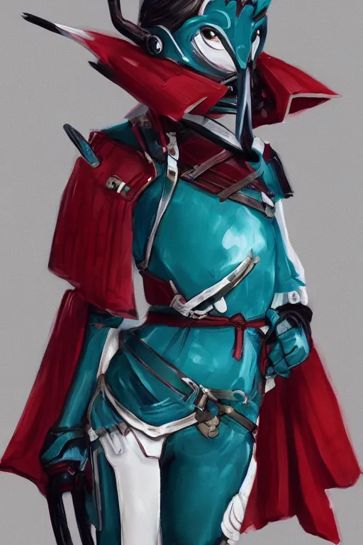 Prompt: female adventurer in tight full - body teal leather armor of japanese design with red accents and a white porcelain crow mask, trending in artstation, japanese, by sakimichan establishing shot