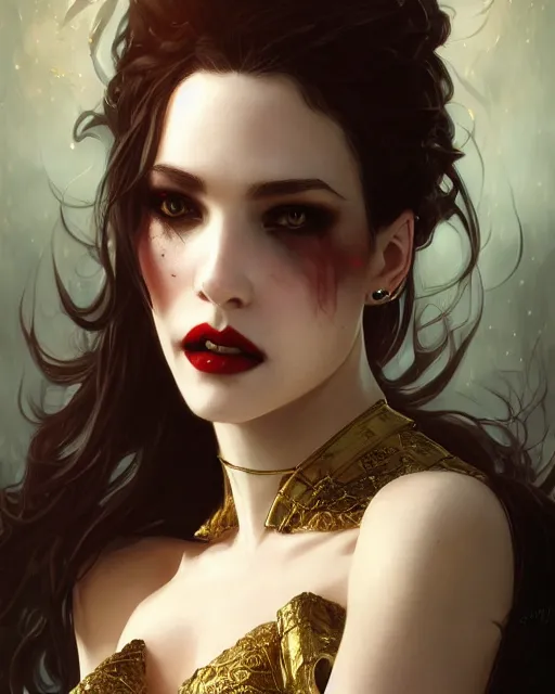 Image similar to female vampire, perfect face, gold corset, cinematic, stunning, highly detailed, digital painting, artstation, smooth, hard focus, illustration, art by artgerm and greg rutkowski and alphonse mucha