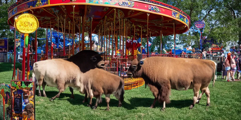 Prompt: fair rides petting zoo lone bison focus photography