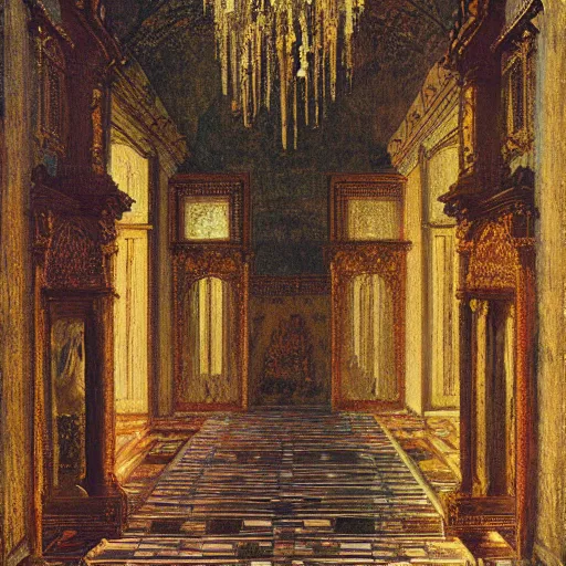 Prompt: a painting of a throne room , tiled floor a raytraced image by Mikalojus Konstantinas Čiurlionis, by Edward Okun, Gustave Moreau , metaphysical painting, hall of mirrors, Hungarian,ominous, dark, concept art