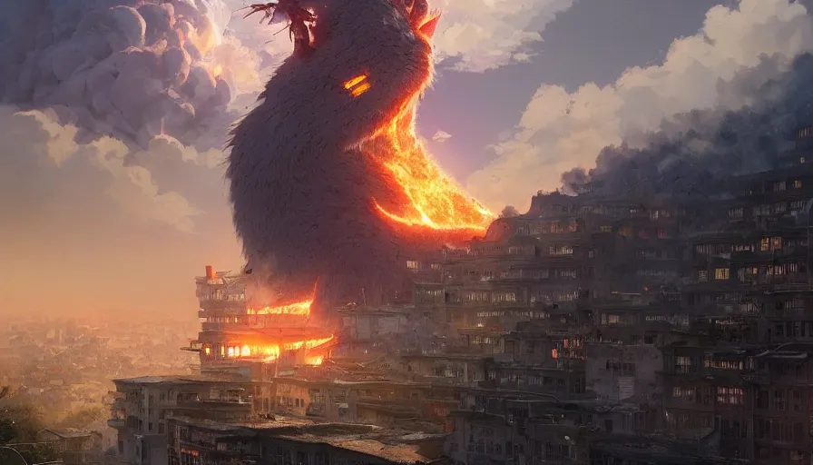 Prompt: A highly detailed matte painting of the biggest cat ever destroying a city, fire smoke and explosions, by Studio Ghibli, Makoto Shinkai, by Artgerm, by beeple, by Greg Rutkowski, volumetric lighting, octane render, 4K resolution, trending on artstation, masterpiece