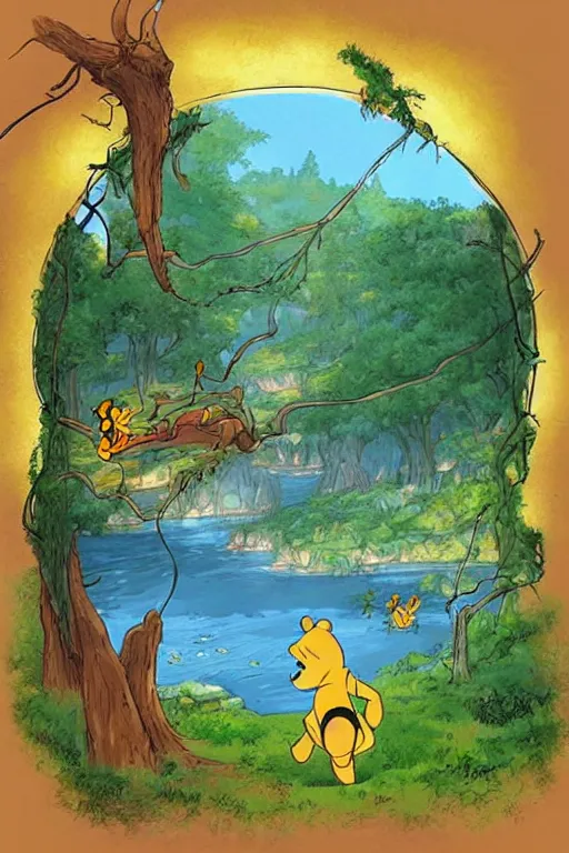 Image similar to “ a fusion of the many adventures of winnie the pooh background art and nausicaa of the valley of the wind background art ”