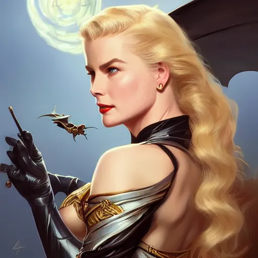 Image similar to Blonde Grace Kelly as Bat Woman, western, D&D, fantasy, intricate, elegant, highly detailed, digital painting, artstation, concept art, matte, sharp focus, illustration, art by Artgerm and Greg Rutkowski and Alphonse Mucha