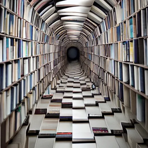 Prompt: Infinite tunnel made of bookshelfs, professional photography