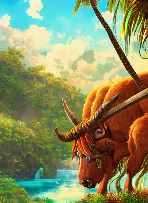 Image similar to brown paper + an intricate tauren depiction + elaborate illustration, very detailed, deviantart, 8 k vertical wallpaper, tropical, colorful, airy, anime illustration, nature