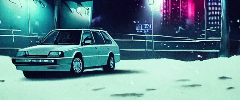 Image similar to Aqua Metallic Audi 80 RS 2 Avant (1995), black car, a gritty neo-noir, dramatic lighting, cinematic, homicide, establishing shot, extremely high detail, photorealistic, cinematic lighting, artstation, by simon stalenhag, Max Payne (PC) (2001) winter new york at night, flashing lights, Poets of the Fall - Late Goodbye