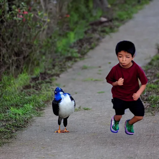 Prompt: a young asian boy running along with a friendly crow