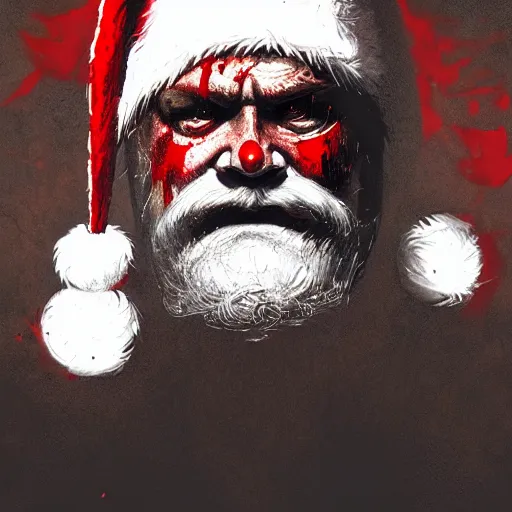 Prompt: portrait of Santa Claus l, angry expression, face covered in blood, dramatic lighting, illustration by Greg rutkowski, yoji shinkawa, 4k, digital art, concept art, trending on artstation