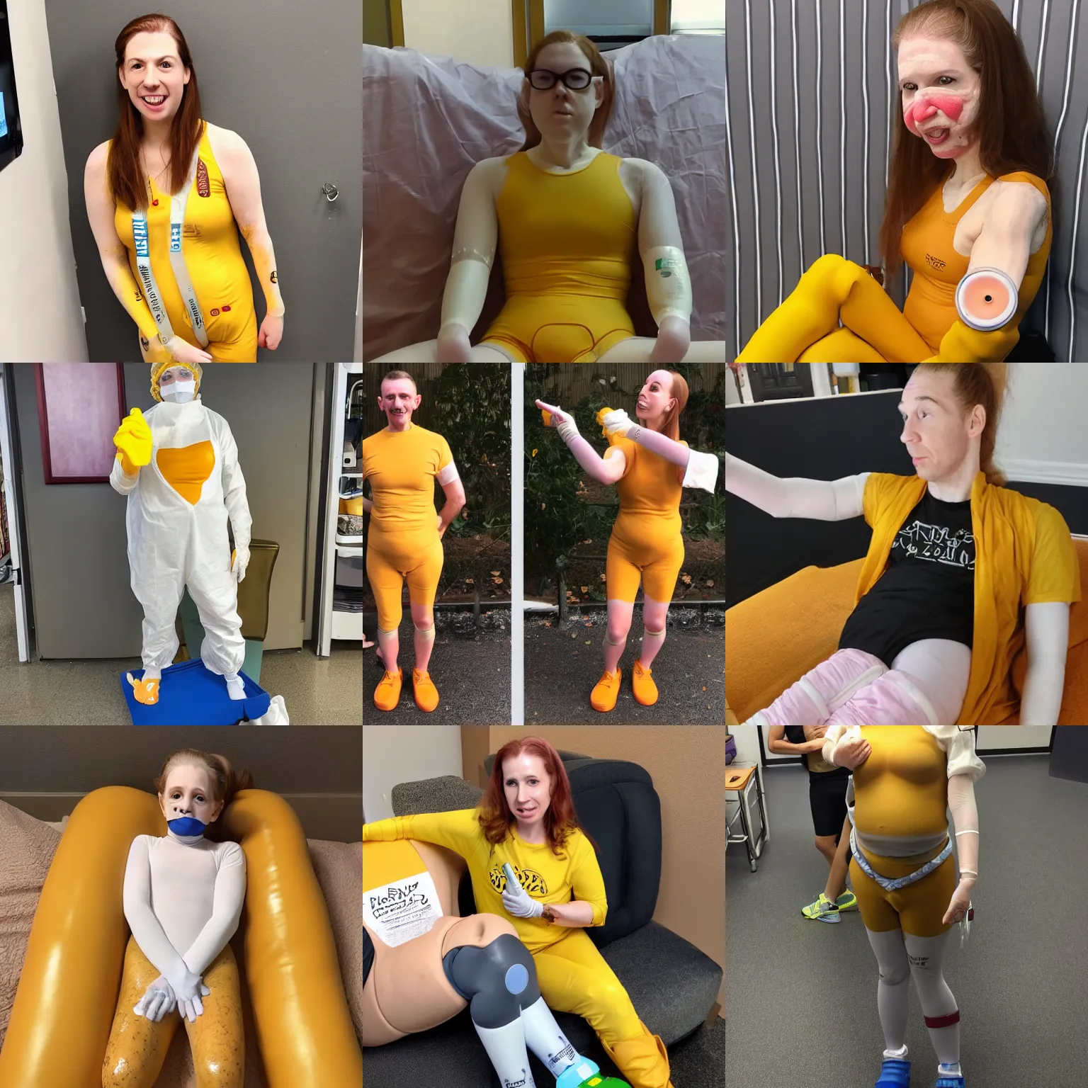 Prompt: photo of peachsaliva in a full - body cast with an iv full of mustard