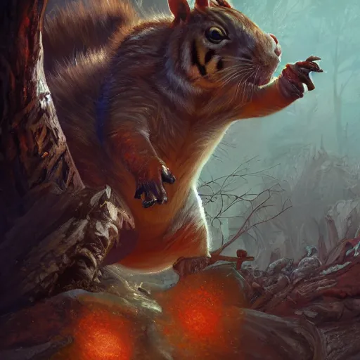 Image similar to Squirrel/tiger, Angry, manic, magic the gathering artwork, horror, D&D, fantasy, cinematic lighting, centered, symmetrical, highly detailed, digital painting, artstation, concept art, smooth, sharp focus, illustration, volumetric lighting, epic Composition, 8k, art by Akihiko Yoshida and Greg Rutkowski and Craig Mullins, oil painting, cgsociety