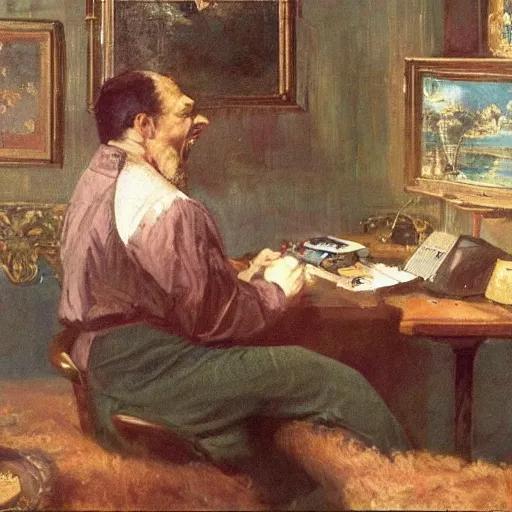 Image similar to an angry man yells at his computer monitor, oil on canvas, 1 8 8 3, highly detailed