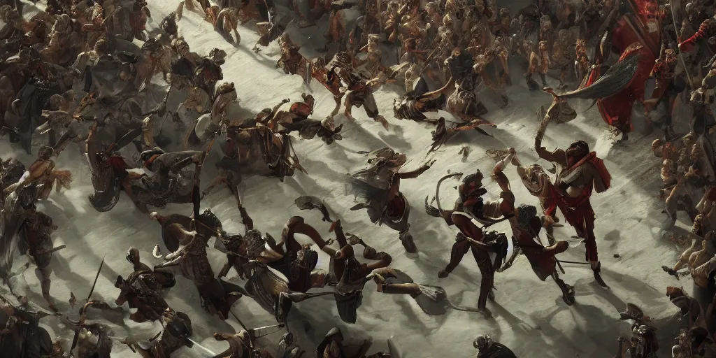 Image similar to gaius iulius caesar battle against cleopatra, cinematic, artstation, bird's eye view