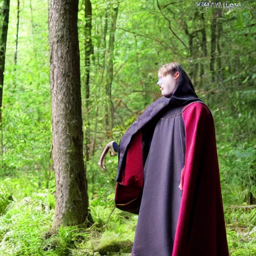 Image similar to medieval cloak wearing anthro lizard, photograph captured in the woods