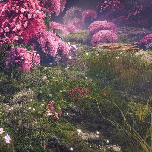 Image similar to A ruined city overgrown by flowers, octane render, 8K, depth of field, By WLOP