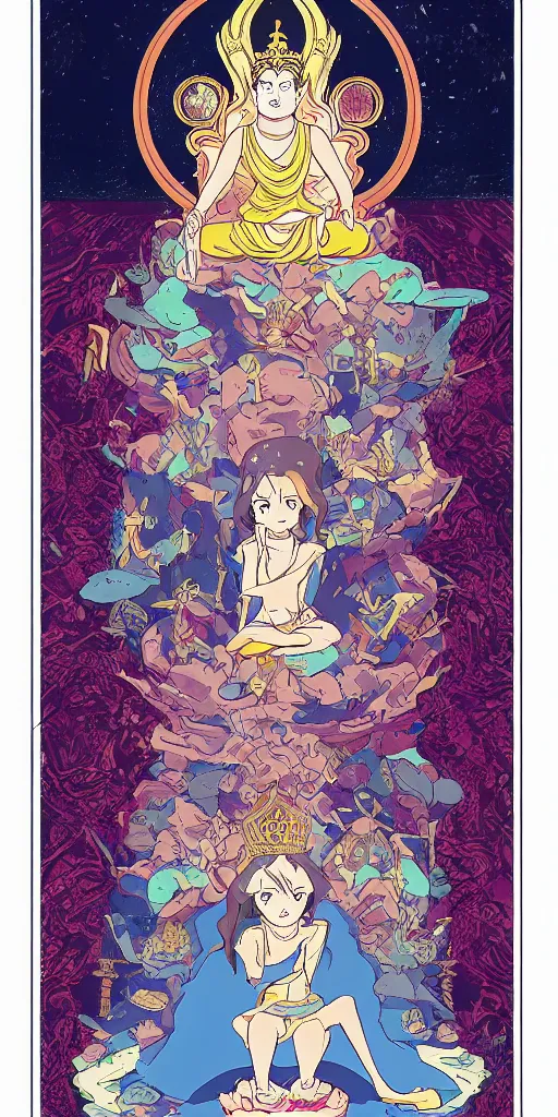 Prompt: buddha sitting on a throne of ice drawn by studio trigger, in the style of Little Witch Academia, spiritual enlightenment, tarot card, Tarot card the Hierophant