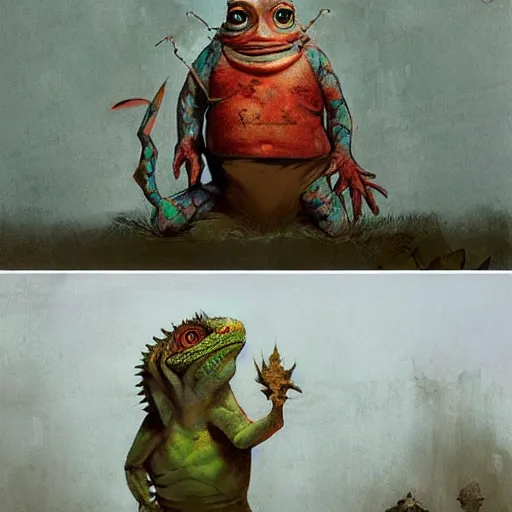 Image similar to Graffiti a gnome metamorphoses into an iguana in stages concept art by frank frazetta simon stalenhag greg rutkowski andrew wyeth niel welliver peter doig robert rauschenberg mark ryden