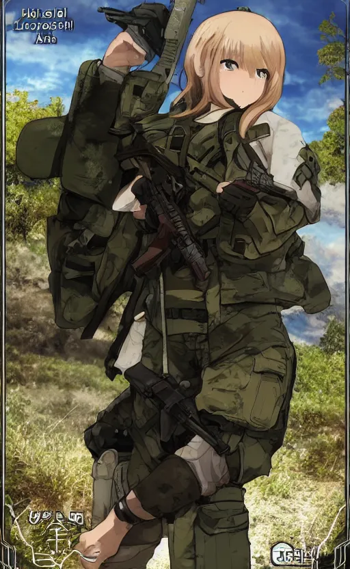 Image similar to girl, trading card front, soldier clothing, combat gear, realistic face, illustration, by ufotable studio, green screen