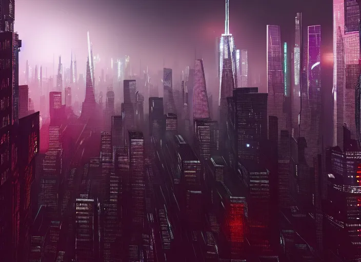 Prompt: cyberpunk scifi scene of new york skyline at night, artstation, matt painting, very detailed, maximalism, ambient occlusion, volumetric light, atmospheric haze, unreal engine, hyper realism, realistic shading, cinematic composition, realistic render, octane render, detailed textures, photorealistic, wide shot