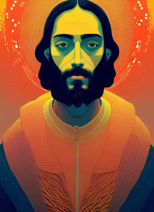 Image similar to symmetry!! stunning portrait of the jesus, by victo ngai, kilian eng, dynamic lighting, digital art, winning award masterpiece, fantastically beautiful, illustration, upscale with simon stalenhag work, artstation, 8 k