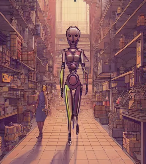 Prompt: a robot with a digitized female face for a head, walking through a market Industrial Scifi, detailed illustration, character portrait, by Martin Grip and Moebius