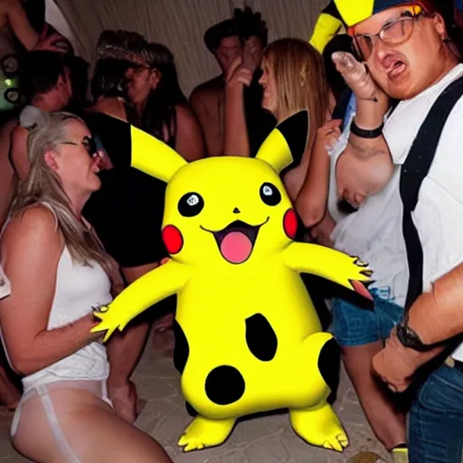 Image similar to a drunk pikachu partying in ibiza