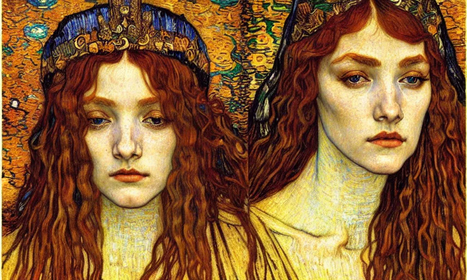 Image similar to detailed realistic beautiful young medieval queen face portrait by jean delville, gustav klimt and vincent van gogh, art nouveau, symbolist, visionary, gothic, pre - raphaelite, muted earthy colors, desaturated