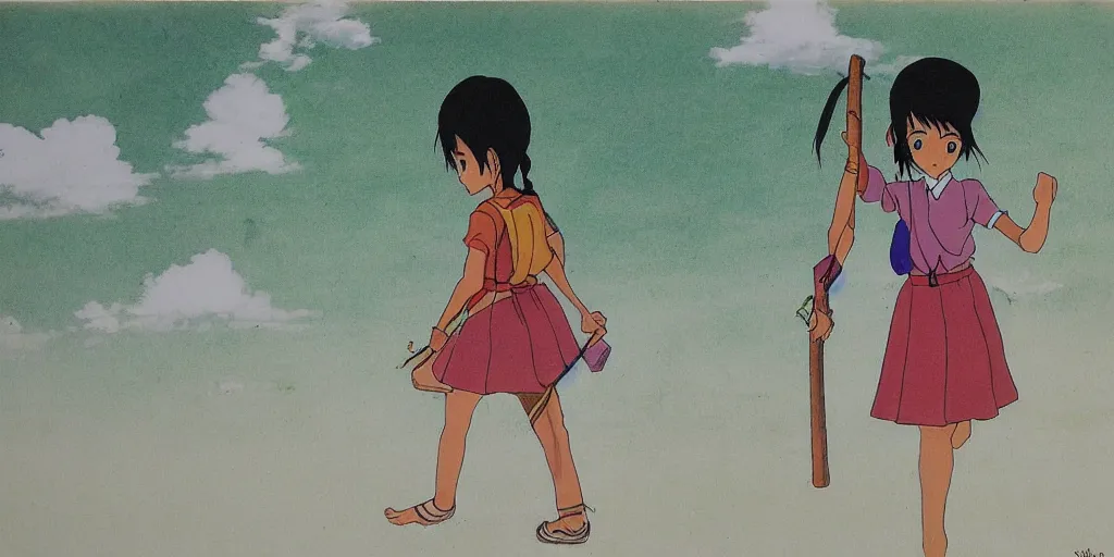 Image similar to sri lankan school girl, drawn by hayao miyazaki, rule of thirds