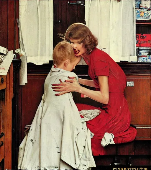 Image similar to taylor swift as a housewife hiding a dark secret, norman rockwell painting, detailed