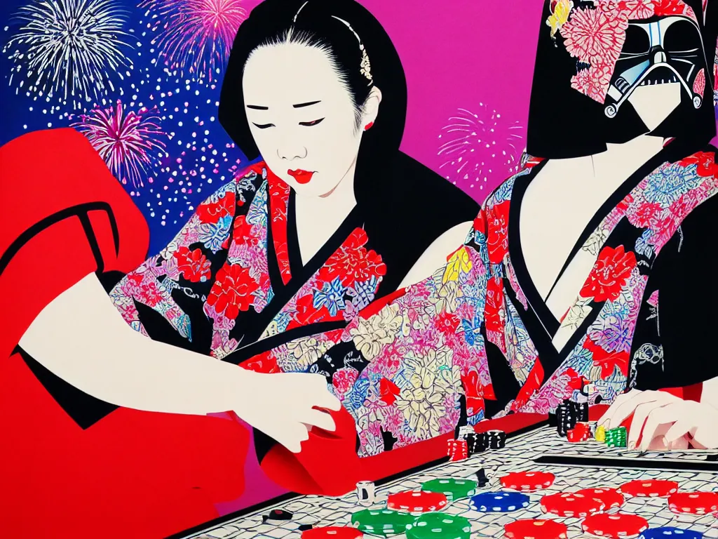 Image similar to hyperrealistic composition of the detailed woman in a japanese kimono sitting at a extremely detailed poker table with detailed darth vader, fireworks, mountain fuji on the background, pop - art style, jacky tsai style, andy warhol style, acrylic on canvas