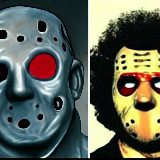 Image similar to jason voorhees in a bob ross painting, being painted by ted bundy