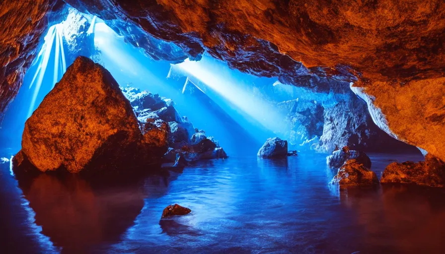 Image similar to Blue cave during the night, blue water, reflections ,god rays, incredible lighting, 4k photography award winning,