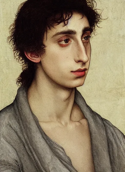 Image similar to (((( a painting of a Timothee Chalamet, a character portrait by Dürer, behance, pre-raphaelitism, da vinci, pre-raphaelite, detailed painting“