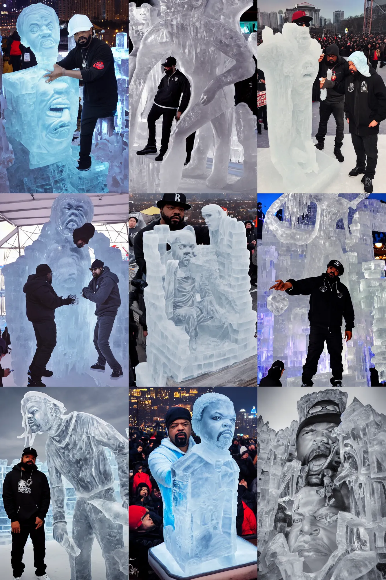 Image similar to dramatic photo, the rapper'ice cube'carving a full body ice sculpture of rapper'ice cube'at harbin ice festival, wide angle photo, award winning, artgerm, wlop, james gurney, trending on artstation