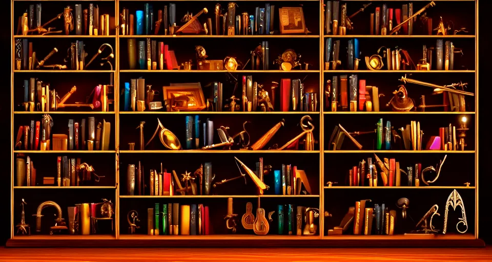 Prompt: a bookshelf of wonderful magical instruments, cinematic lighting, detailed, 4 k