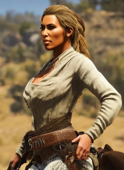 Image similar to film still of kim kardashian as Sadie Adler in rdr2.