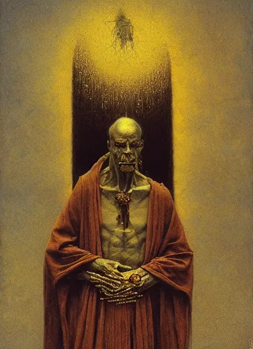 Image similar to portrait of a pagan cultist in fancy robes with a lot of gold by beksinski