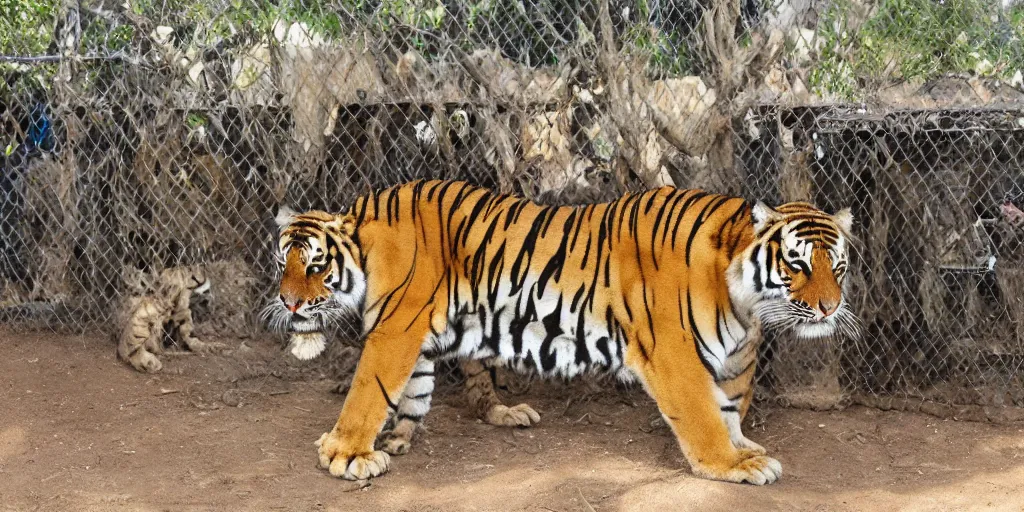 Image similar to joe exotic the tiger king standing in front of a tiger cage, tigers