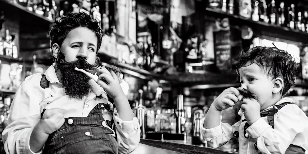 Image similar to Weird baby with a beard and mustache smoking a big cigar in a bar, (EOS 5DS R, ISO100, f/8, 1/125, 84mm, postprocessed, crisp face, facial features)