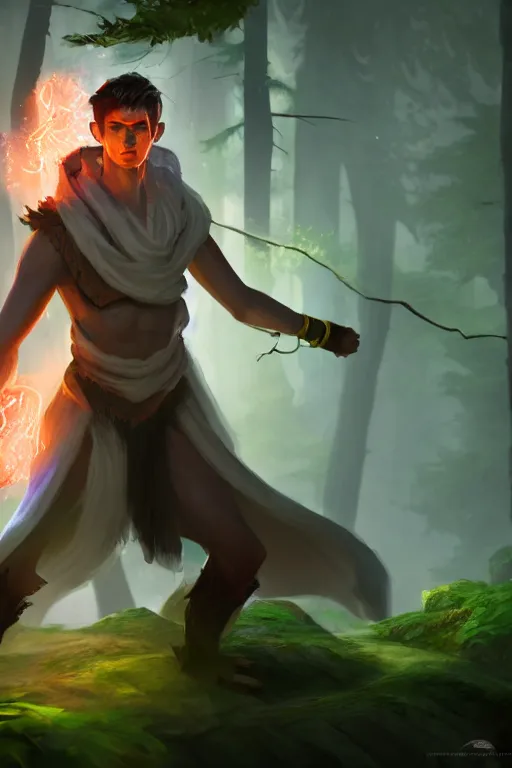 Prompt: a human elemental sorcerer, forest setting, colorful magic, male, white skin, young, sharp focus, concept art, dynamic lighting, unreal engine, by stu harrington