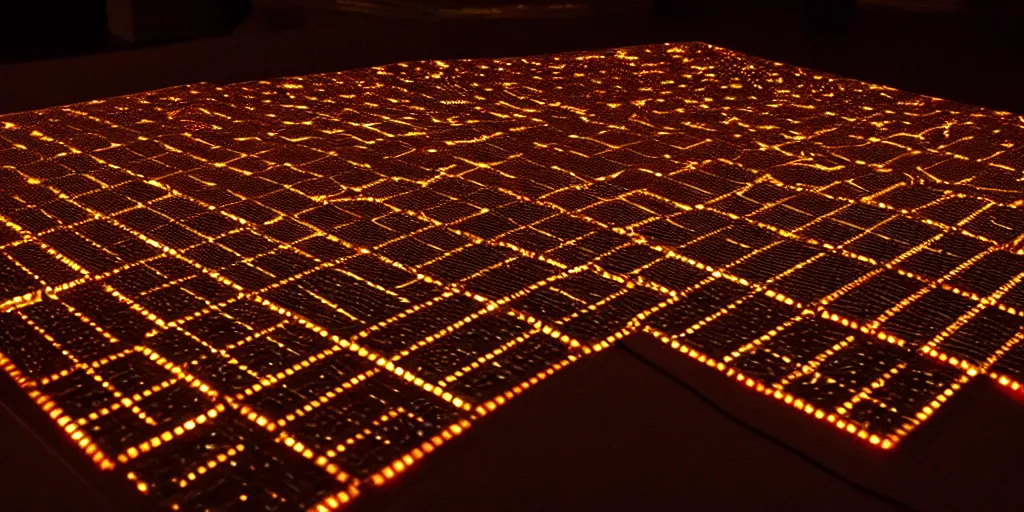 Image similar to 9-track machines made of digital grids and glowing stones with embedded LEDs. amber glowing screens.