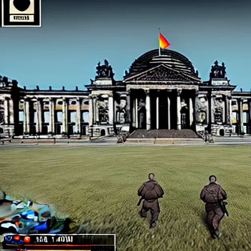 Image similar to berlin reichstag in pc game hell let loose, ww 2, 1 9 4 5, american soldiers, nazis, nazi germany, tanks, devastated city, ruins, screenshot, unreal engine, gameplay, in - game