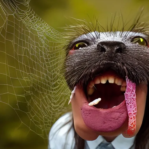 Image similar to National Geographic photo of angry japan school girl with spiders in her mouth