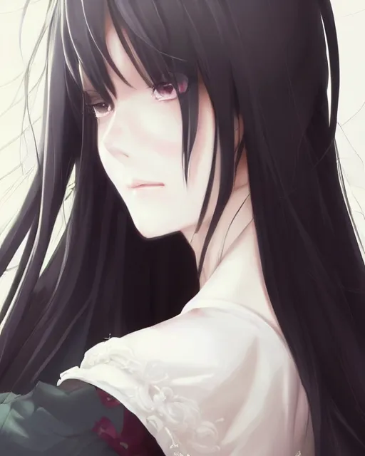 Image similar to An anime portrait of a beautiful girl with long black hair wearing a white blouse, by Stanley Artgerm Lau, WLOP, Rossdraws, James Jean, Andrei Riabovitchev, Marc Simonetti, and Sakimichan, tranding on artstation