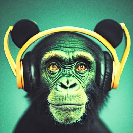 Image similar to a high quality photo of a green chimp wearing headphones, realism, 8k