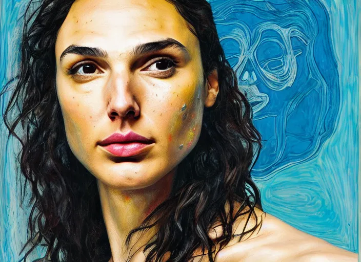 Image similar to portrait of gal gadot in tears, by vincent lefevre and hernan bas and pat steir and hilma af klint, psychological, photorealistic, dripping paint, washy brush, rendered in octane, altermodern, masterpiece