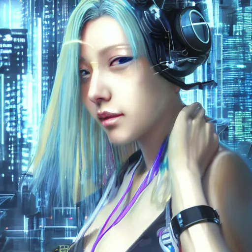 Image similar to realistic portrait 3 d render of a cybernetic enhanced yasuho hiros as a cyberpunk, featured on cgsociety, matte painting, concept art, sharp focus, illustration, front lit, art by masayoshi tanaka, akihiko yoshida, kazuya takahashi