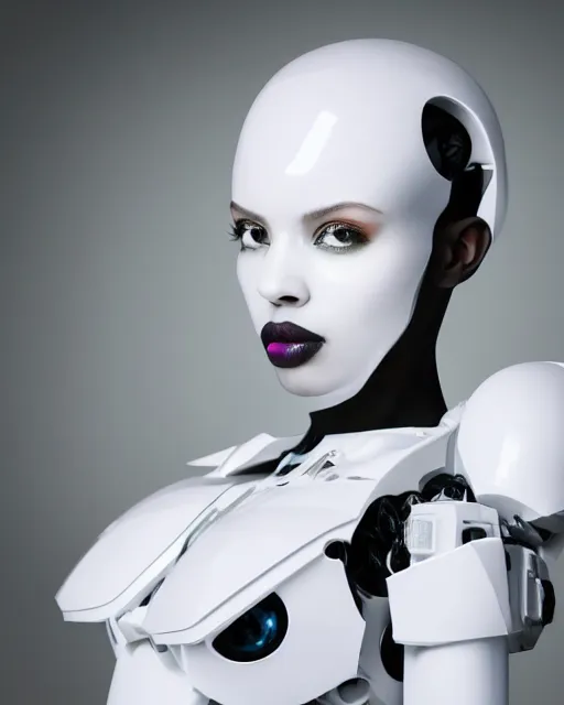 Prompt: beautiful centered fine art photo portrait of beautiful black girl with white solarpunk mecha humanoid head parts with led lights, sensual pose gesture, white background, ultra - realistic and intricate, soft box lighting, shallow depth of field hdr 8 k