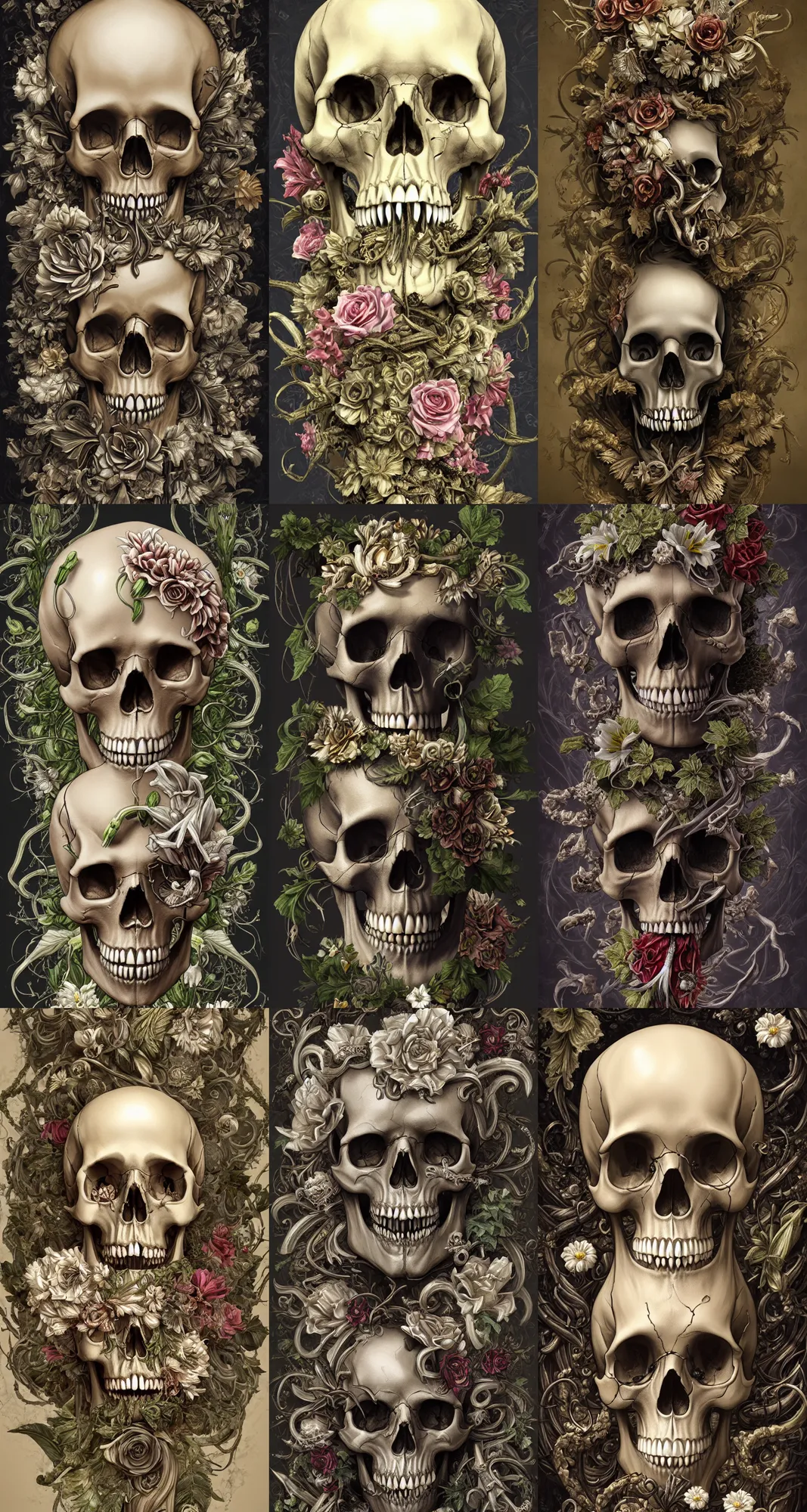 Prompt: highly detailed human skull with vampire teeth, a lot of decorative ornament, acanthus scrolls, lilies, ivy, energy, geometry, bones, petals, stems, ceremonial clouds, dripping paint, fibonacci rhythm, artstation, artgerm, wlop, symmetric ornaments