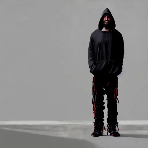 Prompt: a full body portrait of modern day jesus wearing yeezus streetwear hoodie and pants by nicola samori, oil painting, realistic, 8 k, kanye style