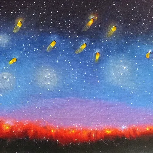 Image similar to Fireflies that blend with the starry sky, oil painting